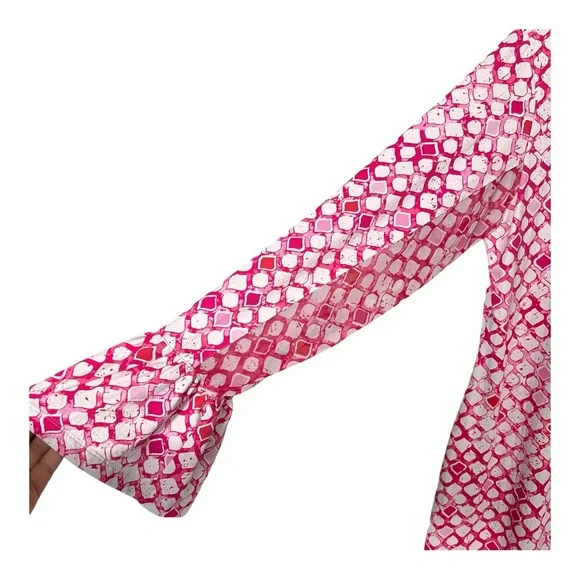 Ibkül Pink White Geo Print Long Mesh Sleeve 1/4 Popover Shift Active Dress Sz L - Picture 4 of 13